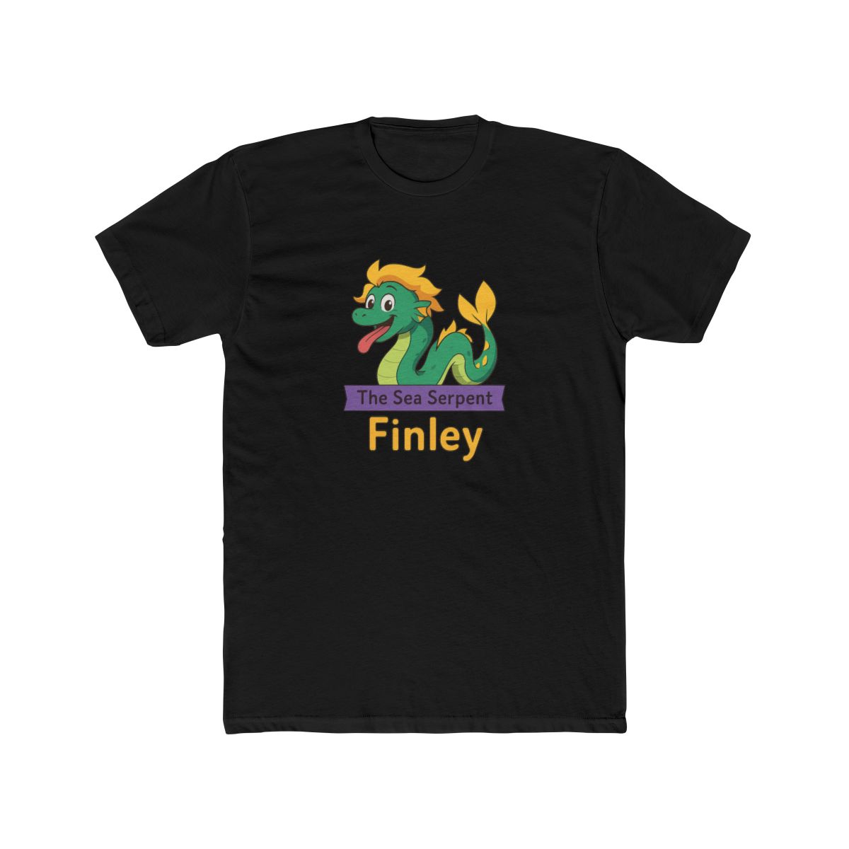 A blue t-shirt with a cartoon sea serpent with yellow hair and a purple banner that says "The Sea Serpent Finley".