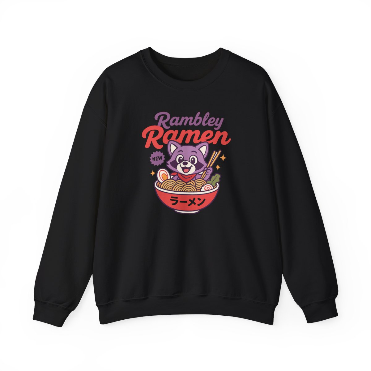Rambley The Raccoon Ramen Crewneck Sweatshirt // Indigo Park Video Game // Gaming // Mascot // Mollie Macaw // Finley Sea Serpent — official Indigo Park Sweatshirts