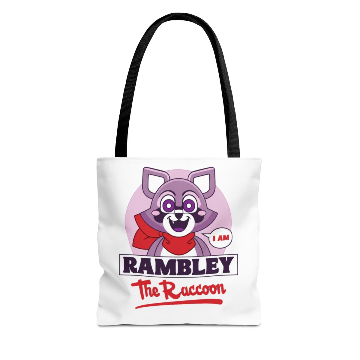 Black Bags with a cartoon raccoon character wearing a red scarf and glasses. The is inside a pink circle with the text "I AM". Below the is the text "RAMBLEY The " in white and...