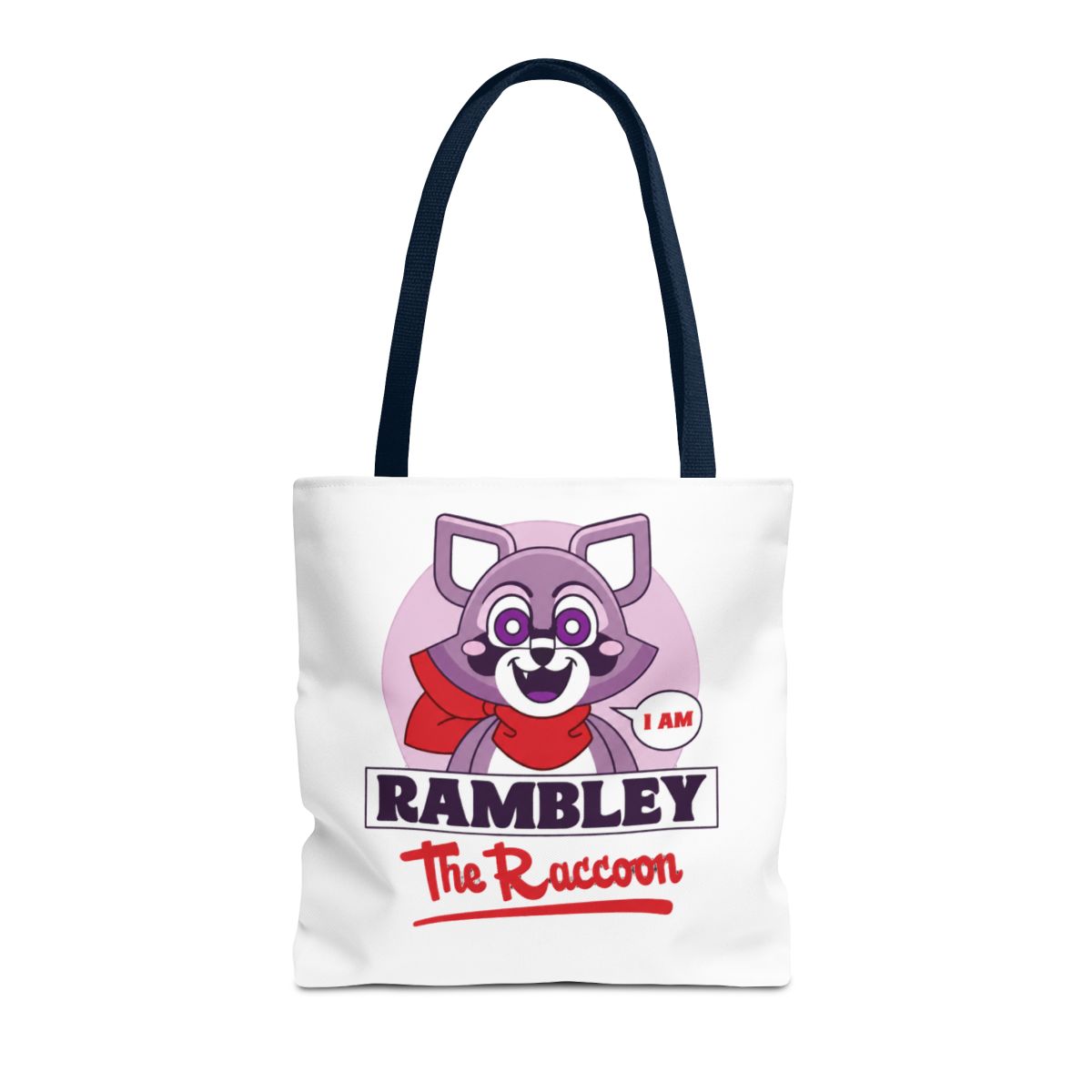 Black Bags with a cartoon raccoon character wearing a red scarf and glasses. The raccoon is inside a pink circle with the text "I AM". Below the raccoon is the text "RAMBLEY The Raccoon" in white and...